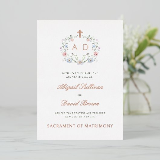 Floral Frame Monograms Catholic Wedding Folie Uitnodiging (Staand Voorkant)