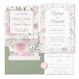 Floral Frame Pink Roses and Greenery Romantic Kaart