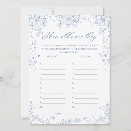 Floral Frans Blauw Baby shower Guess Leeftijd Spel Kaart (Voorkant)