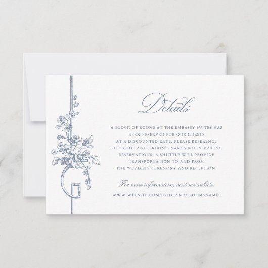 Floral Frans  Blauw Elegante Trouwdetails Kaart (Voorkant)