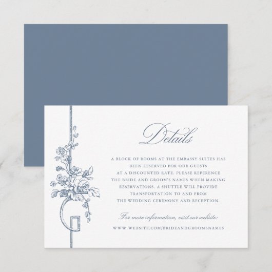 Floral Frans  Blauw Elegante Trouwdetails Kaart (Voorkant / Achterkant)