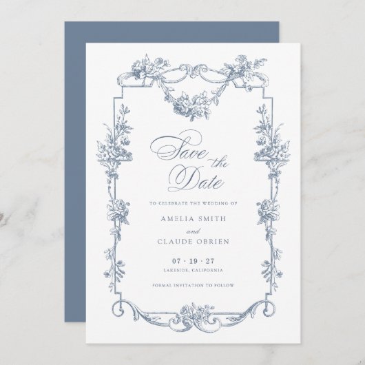 Floral Frans  Lijst Save the Date Wedding Kaart (Voorkant / Achterkant)