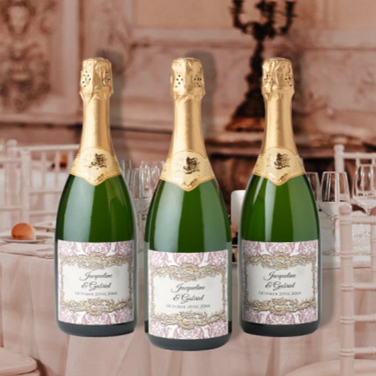 Floral Frans Toile Roze Bruiloft Receptie Sparkling Wijnetiket