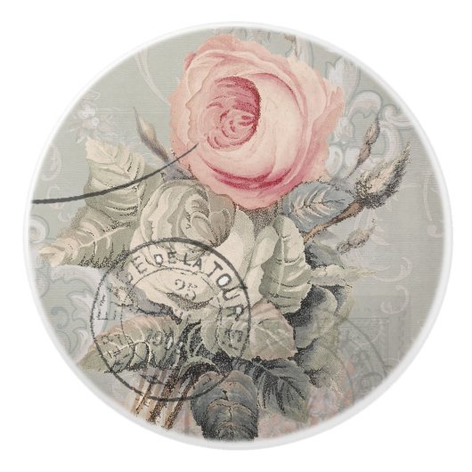 Floral Franse roze Roses Gray Ephemera Keramische Knop (Voorkant)