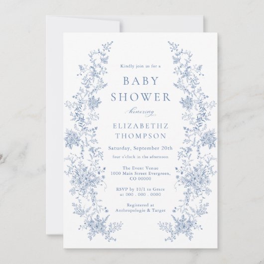 Floral Franse Toile Blauw Baby shower Kaart (Voorkant)