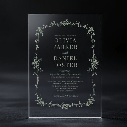 Floral Franse Victoriaans Sage Green Wedding Acryl Uitnodigingen