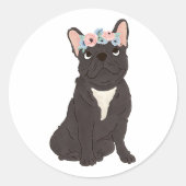 Floral French Bulldog Lovers Black Frenchie Dog Ronde Sticker (Voorkant)