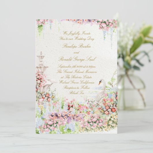 floral french romantic garden chateau swan wedding kaart (Staand voorkant)