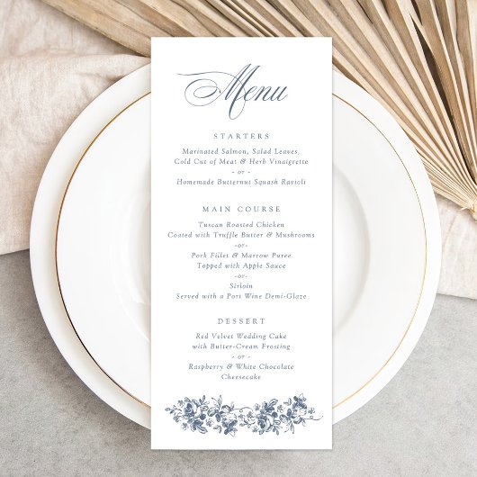 Floral French Rozen Dusty Blue Wedding Menu