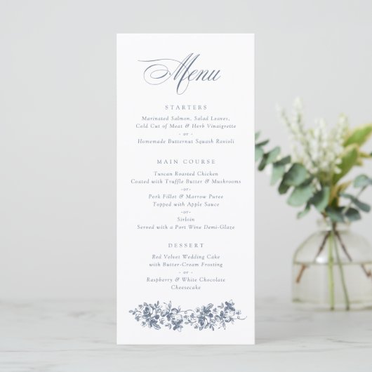 Floral French Rozen Dusty Blue Wedding Menu (Staand voorkant)
