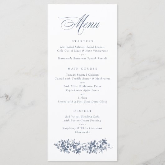 Floral French Rozen Dusty Blue Wedding Menu (Voorkant)