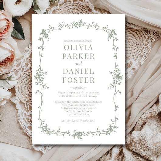 Floral French Victorian Sage Green Wedding Kaart
