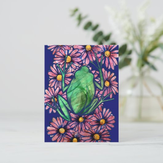 Floral Froggy Green tree kikker Art Daisy Briefkaart (Staand voorkant)