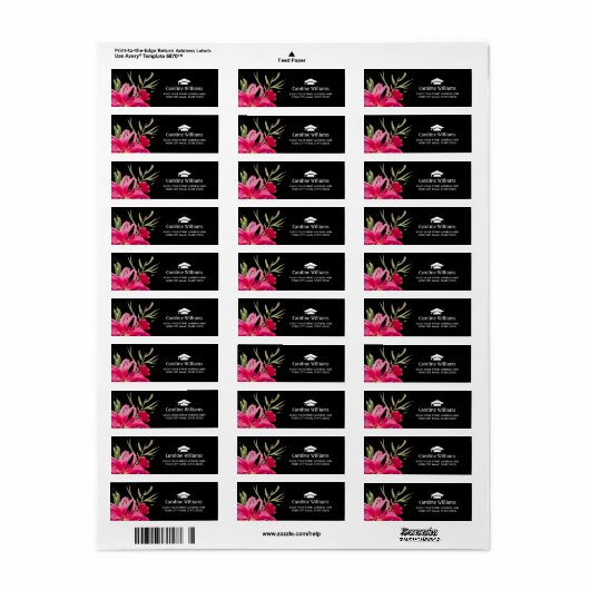 Floral Fuchsia Black Afstuderen Adresetiketten Etiket (Full Sheet)