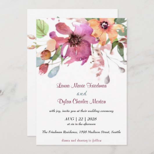 Floral, Fuchsia en Oranje bloemen Kaart (Voorkant / Achterkant)