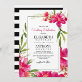 Floral Fuchsia | Groen | Black Stripes Bruiloft Kaart (Voorkant / Achterkant)