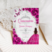 Floral Fuchsia Pink Silver Quinceanera Kaart