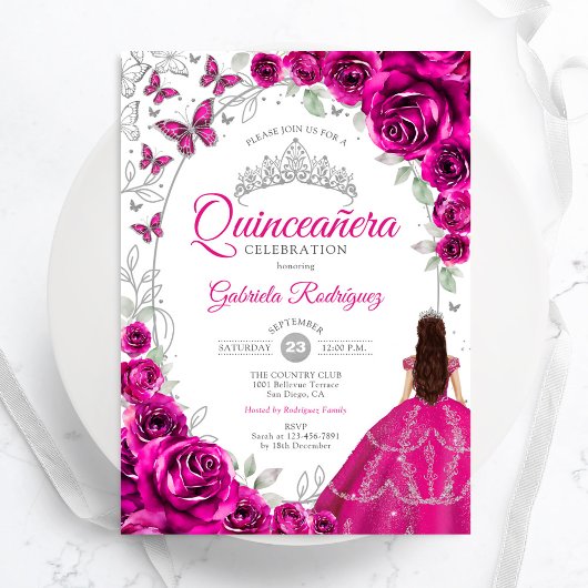 Floral Fuchsia Pink Silver Quinceanera Kaart