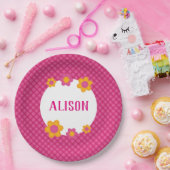 Floral fuchsia plaid girl papieren bordje (Feest)