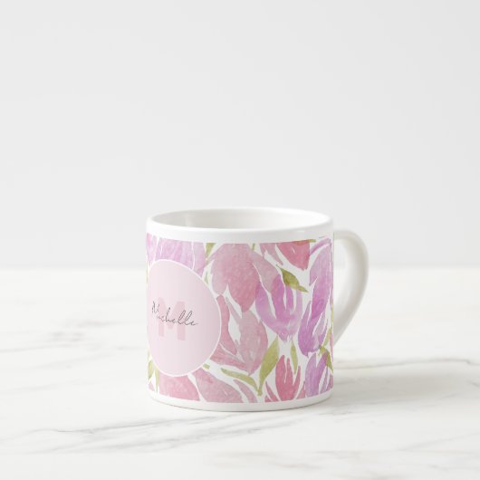 Floral Fuchsia Roze Waterverf Monogram Espresso Kop (Voorkant rechts)