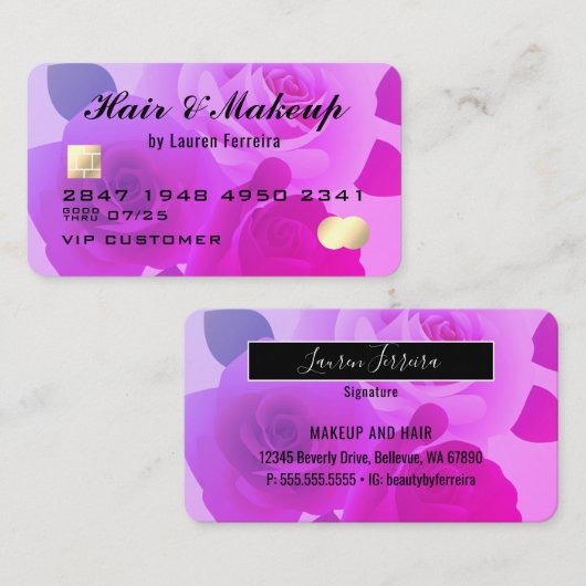 Floral Fuchsia Stylish Paars Faux Creditcard Visitekaartje (Voorkant / Achterkant)
