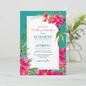 Floral Fuchsia Turquoise Waterverf Wedding Kaart (Staand voorkant)