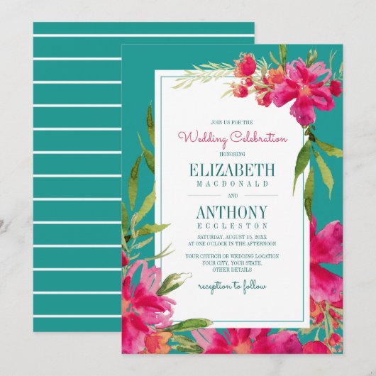 Floral Fuchsia Turquoise Waterverf Wedding Kaart (Voorkant / Achterkant)