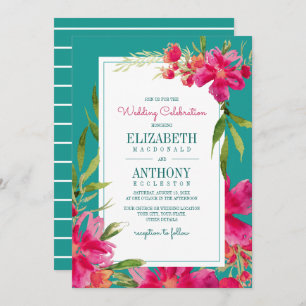 Floral Fuchsia Turquoise Waterverf Wedding Kaart