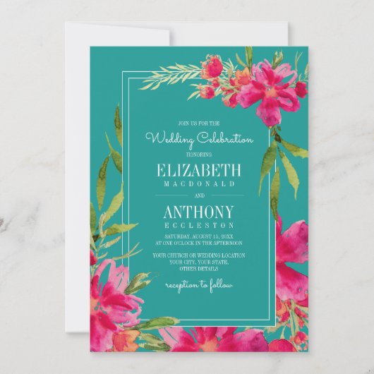 Floral Fuchsia Turquoise Waterverf Wedding Kaart (Voorkant)