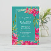Floral Fuchsia Turquoise Waterverf Wedding Kaart (Staand voorkant)