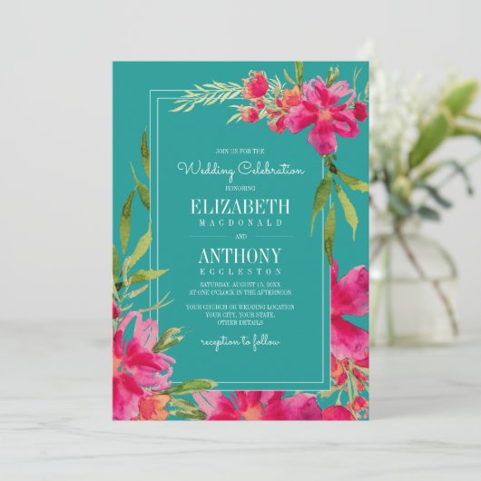 Floral Fuchsia Turquoise Waterverf Wedding Kaart (Staand voorkant)