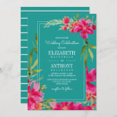 Floral Fuchsia Turquoise Waterverf Wedding Kaart (Voorkant / Achterkant)