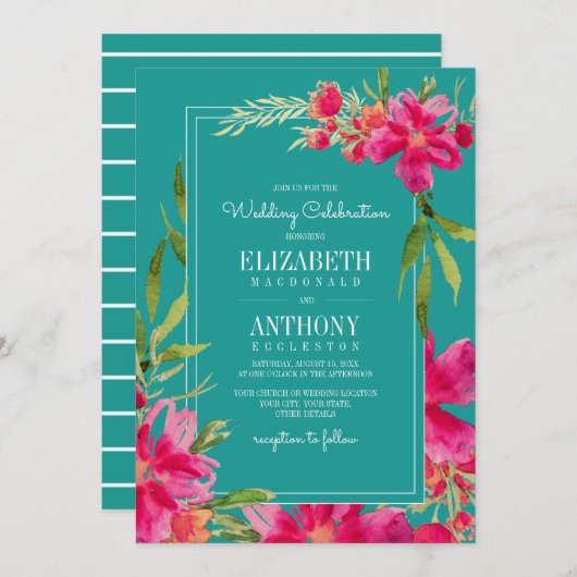 Floral Fuchsia Turquoise Waterverf Wedding Kaart (Voorkant / Achterkant)