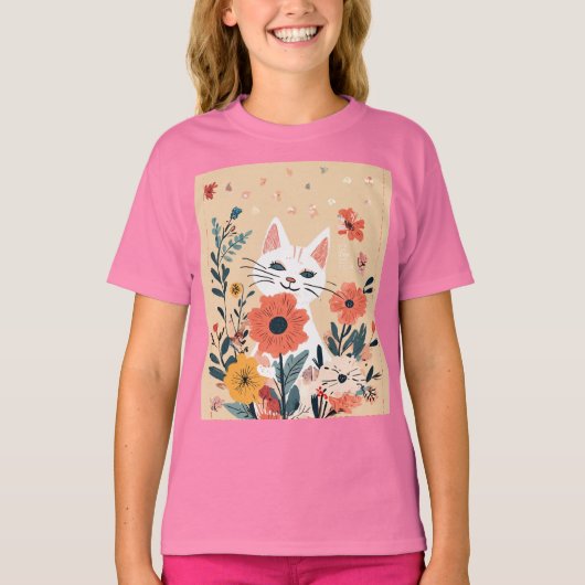 Floral Fun: Kattenspeeltijd met bloemen T-shirt (Voorkant)