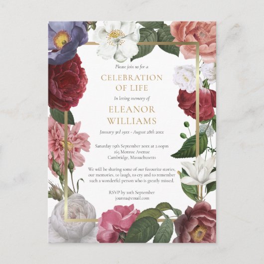 Floral Funeral Gold Celebration of Life Aankondigingskaart (Voorkant)