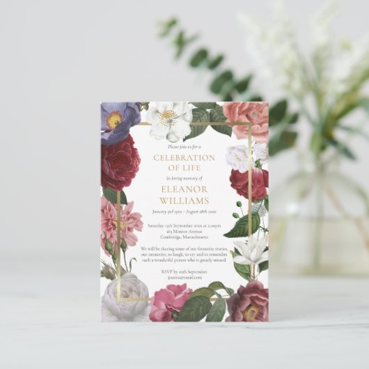 Floral Funeral Gold Celebration of Life Aankondigingskaart (Staand voorkant)