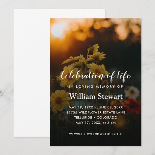 Floral Funeral | Golden Hour Celebration of Life Kaart (Voorkant / Achterkant)