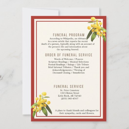 Floral Funeral Memorial, Orde van Dienstenprogramm Kaart (Achterkant)