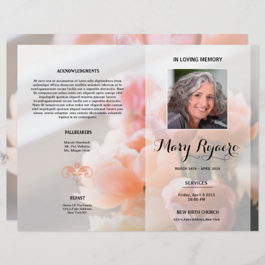 Floral Funeral Programme Flyer Sjabloon (Voorkant / Achterkant)
