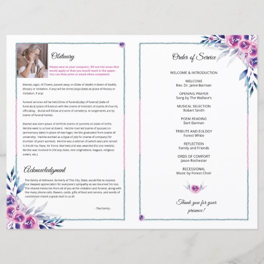 Floral Funeral Programme Sjabloon (Achterkant)