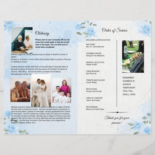 Floral Funeral Programme Sjabloon (Achterkant)