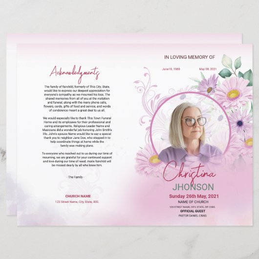 Floral Funeral Programme Sjabloon (Voorkant / Achterkant)