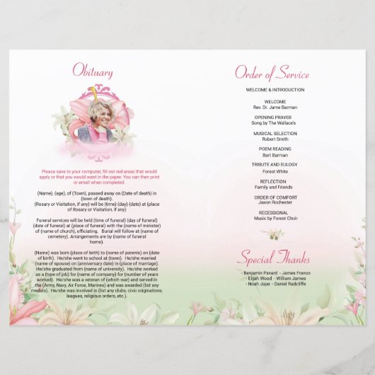 Floral Funeral Programme Sjabloon (Achterkant)