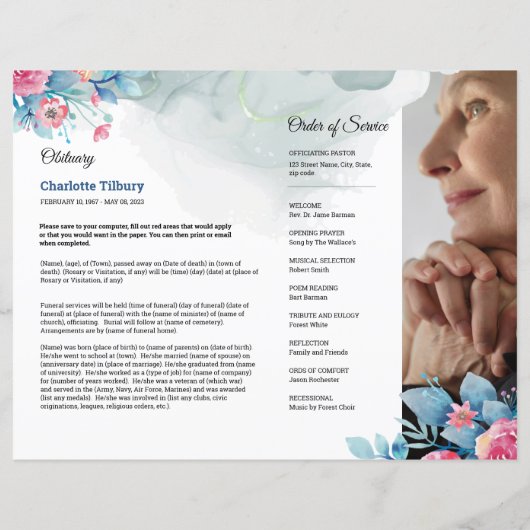 Floral Funeral Programme Sjabloon (Achterkant)