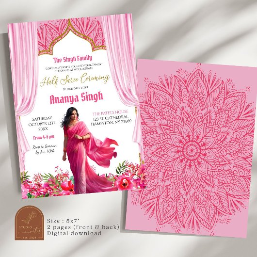 Floral Fuschia Red Half Saree Indische meisje cere Kaart