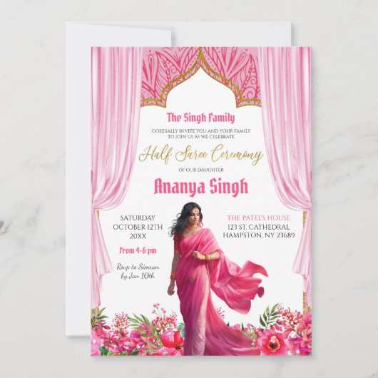 Floral Fuschia Red Half Saree Indische meisje cere Kaart (Voorkant)