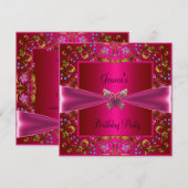 Floral Fushia Pink Butterfly Birthday Party Kaart (Voorkant / Achterkant)