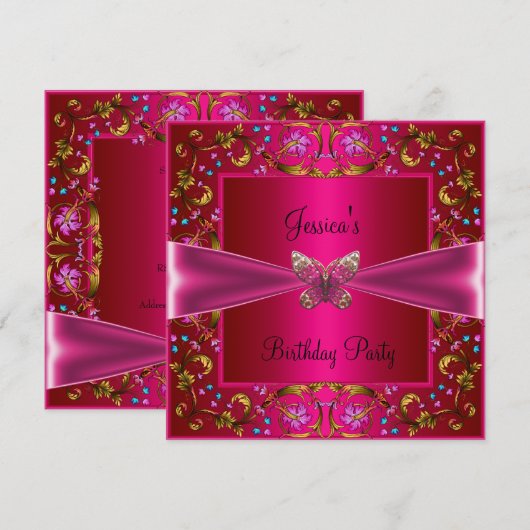 Floral Fushia Pink Butterfly Birthday Party Kaart (Voorkant / Achterkant)