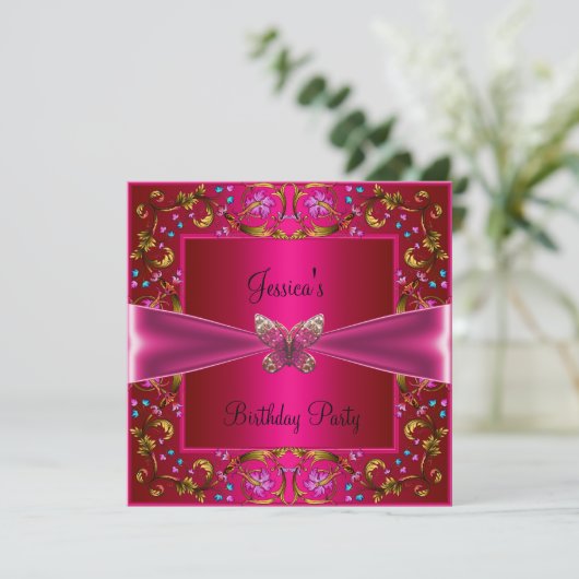 Floral Fushia Pink Butterfly Birthday Party Kaart (Staand voorkant)