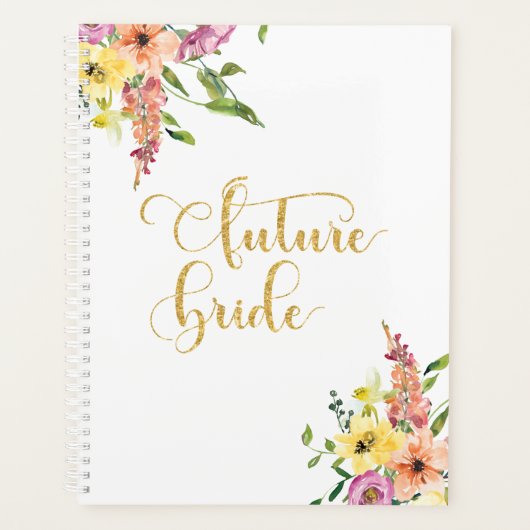 Floral Future Bride Gold Glitter Modern Weddenscha Planner (Voorkant)